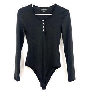 Kittenish Charcoal Ribbed Long Sleeve Henley Bodysuit Womens Medium Snap Button